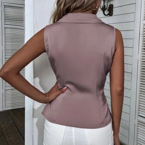 Satin Shawl Collar Asymmetrical Hem Blouse Mauve purple - Picture 6 of 7